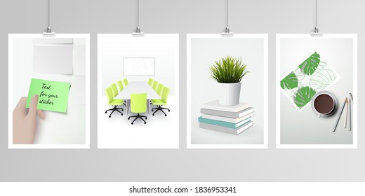 Realistic vector layouts of A4 format mockup design templates for brochure, flyer, cover design, book, magazine, brochure, poster. Home office concept, study or freelance, working from home.