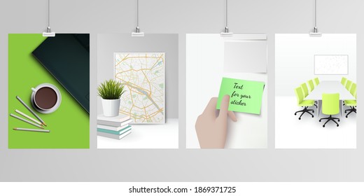 Realistic vector layouts of A4 format mockup design templates for brochure, flyer, cover design, book, magazine, brochure, poster. Home office concept, study or freelance, working from home.