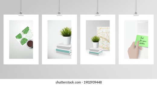 Realistic vector layouts of A4 format mockup design templates for brochure, flyer, cover design, book, magazine, brochure, poster. Home office concept, study or freelance, working from home.