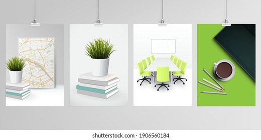Realistic vector layouts of A4 format mockup design templates for brochure, flyer, cover design, book, magazine, brochure, poster. Home office concept, study or freelance, working from home.