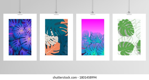 Realistic vector layouts of A4 mockup design templates for brochure, flyer, cover design, book, brochure, poster. Tropical palm leaves, shadow of tropical jungle leaves. Floral pattern backgrounds.