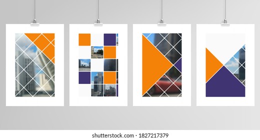 Diseños vectoriales realistas de plantillas de maquetas A4 para folletos, volantes, diseño de portada, libro, revista, folleto, afiche. Proyecto de diseño abstracto de estilo geométrico con cuadrados y lugar para una foto.