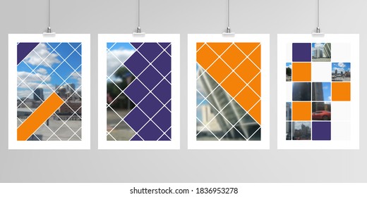Realistische Vektorgrafiken von A4-Mustervorlagen für Broschüren, Flyer, Cover-Design, Buch, Magazin, Broschüre, Poster. Abstraktes Design-Projekt im geometrischen Stil mit Quadraten und einem Platz für ein Foto.