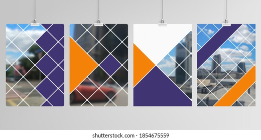 Realistic vector layouts of A4 mockup templates for brochure, flyer, cover design, book, magazine, brochure, poster. Abstract design project in geometric style with squares and a place for a photo.