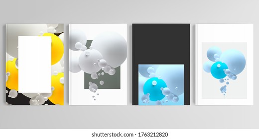 Realistic vector layouts of cover mockup design templates in A4 format for brochure, cover design, flyer, book design, magazine, poster. Abstract composition with 3d balls or spheres.