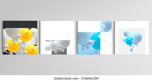 Diseños vectoriales realistas de plantillas de diseño de simulación de portada para folletos cuadrados, diseño de portada, volante, diseño de libros, revista, afiche. Composición abstracta con bolas o esferas 3d.