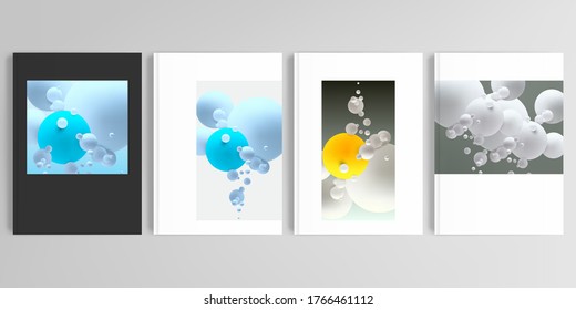 Diseños vectoriales realistas de plantillas de diseño de simulación de portada en formato A4 para folletos, diseño de portada, volante, diseño de libros, revista, afiche. Composición abstracta con bolas o esferas 3d.