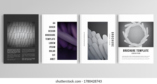 Realistic vector layouts of cover mockup design templates in A4 format for brochure, cover design, flyer, book design, magazine, poster. Feathers, birds plumage in abstract style. Graphic pattern.