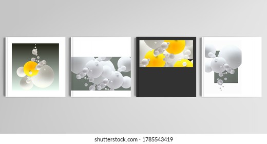 Realistic vector layouts of cover mockup design templates for square brochure, cover design, flyer, book design, magazine, poster. Abstract composition with 3d balls or spheres.