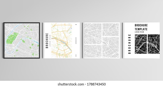 Realistische Vektorgrafik-Layouts von Cover-Mock-up-Design-Vorlagen mit Stadtplan von Paris für quadratische Broschüren, Cover-Design, Flyer, Buchdesign, Magazin, Poster.