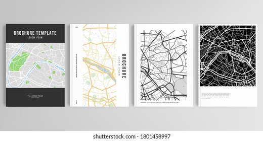 Diseños vectoriales realistas de plantillas de diseño de simulación de portada en formato A4 con mapa urbano de París para folletos, diseño de portada, volante, diseño de libros, revista, afiche.