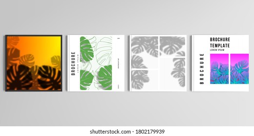 Diseños vectoriales realistas de plantillas de diseño de simulación de portada para folletos cuadrados, diseño de portada, volante, libro, afiche. Hojas de palma tropical, sombra de hojas de selva tropical. Antecedentes florales.