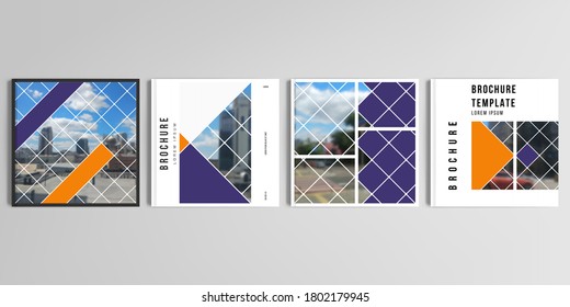 Realistic vector layouts of cover mockup templates for square brochure, cover design, flyer, book design, magazine, poster. Abstract design project in geometric style with squares and place for photo.