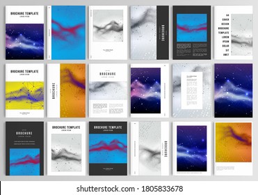 Realistic vector layouts of cover mockup templates in A4 for brochure, cover design, flyer, book design, poster. Colorful wavy particle surface background for technology or science cyber space concept