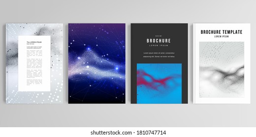 Diseños vectoriales realistas de plantillas de simulación de portada en A4 para folletos, diseño de portada, volante, diseño de libros, afiche. Fondo colorido de la superficie de partículas onduladas para el concepto de tecnología o ciberespacio científico