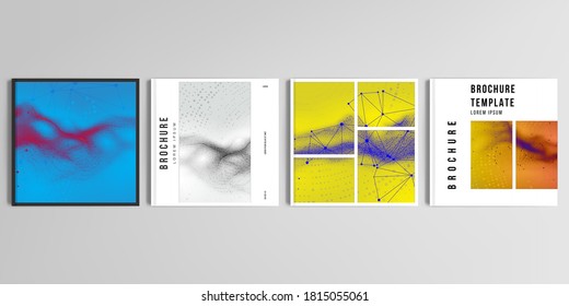 Realistic vector layouts of cover mockup template for square brochure, cover design, flyer, book design, poster. Colorful wavy particle surface background for technology or science cyber space concept