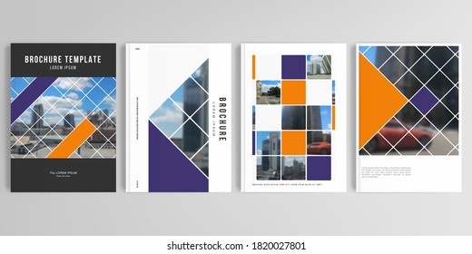 Diseños vectoriales realistas de plantillas de simulación de portada en A4 para folletos, diseño de portada, volante, diseño de libros, revista, afiche. Proyecto de diseño abstracto de estilo geométrico con cuadrados y lugar para una foto