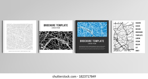 Realistic vector layouts of cover mockup design templates with urban city map of Paris for square brochure, cover design, flyer, book design, magazine, poster.
