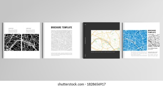 Realistic vector layouts of cover mockup design templates with urban city map of Paris for square brochure, cover design, flyer, book design, magazine, poster.