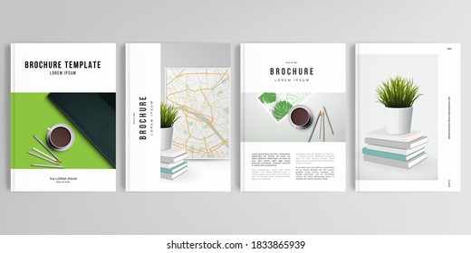 Realistic vector layouts of cover mockup design templates in A4 format for brochure, cover design, flyer, book design, magazine, poster. Home office concept, study or freelance, working from home.