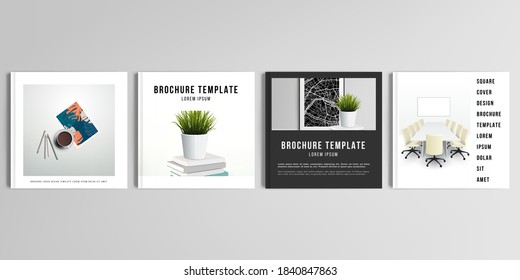 Realistic vector layouts of cover mockup design templates for square brochure, cover design, flyer, book design, magazine, poster. Home office concept, study or freelance, working from home.
