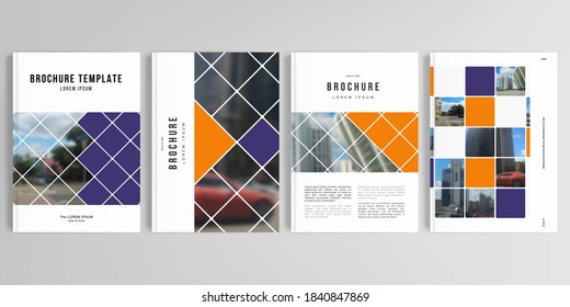 Realistic vector layouts of cover mockup templates in A4 for brochure, cover design, flyer, book design, magazine, poster. Abstract design project in geometric style with squares and place for a photo