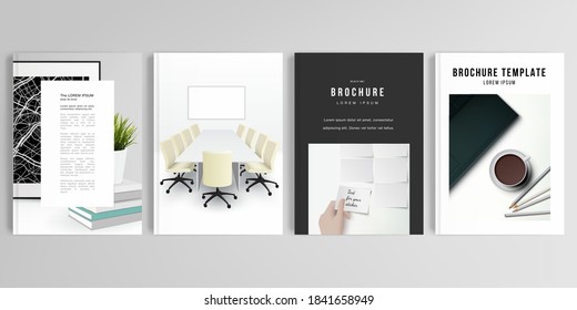Realistic vector layouts of cover mockup design templates in A4 format for brochure, cover design, flyer, book design, magazine, poster. Home office concept, study or freelance, working from home.