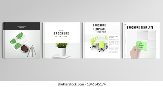 Realistische Vektorgrafik-Layouts von Cover-Mock-up Design-Vorlagen für quadratische Broschüren, Cover-Design, Flyer, Buchdesign, Magazin, Poster. Konzept des Heimbüros, Studium oder Freiberufler, Arbeit von zu Hause aus.