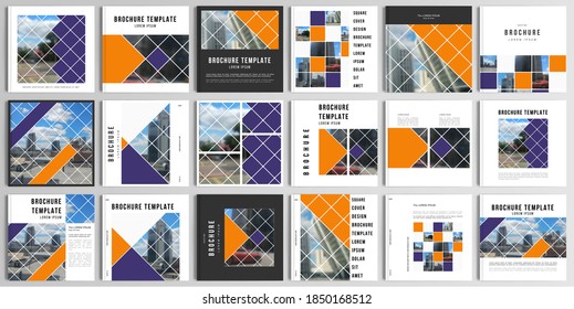 Realistic vector layouts of cover mockup templates for square brochure, cover design, flyer, book design, magazine, poster. Abstract design project in geometric style with squares and place for photo.