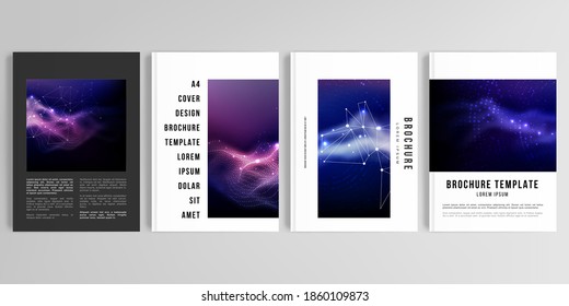 Realistische Vektorgrafik-Layouts von Cover-Mock-up-Designvorlagen im A4-Format für Broschüren, Cover-Design, Flyer, Buchdesign, Magazin, Poster. Visualisierung digitaler Daten, polygonaler wissenschaftlicher dunkler Hintergrund.