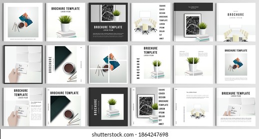 Realistic vector layouts of cover mockup design templates for square brochure, cover design, flyer, book design, magazine, poster. Home office concept, study or freelance, working from home.