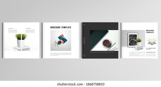 Realistic vector layouts of cover mockup design templates for square brochure, cover design, flyer, book design, magazine, poster. Home office concept, study or freelance, working from home.