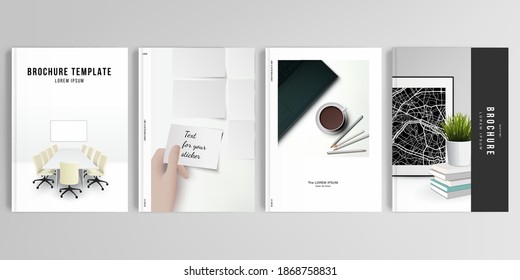 Realistic vector layouts of cover mockup design templates in A4 format for brochure, cover design, flyer, book design, magazine, poster. Home office concept, study or freelance, working from home.