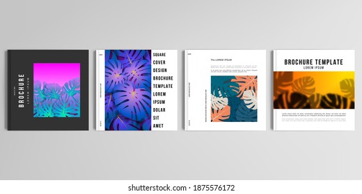 Realistic vector layouts of cover mockup design templates for square brochure, cover design, flyer, book, poster. Tropical palm leaves, shadow of tropical jungle leaves. Floral pattern backgrounds.