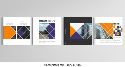 Realistic vector layouts of cover mockup templates for square brochure, cover design, flyer, book design, magazine, poster. Abstract design project in geometric style with squares and place for photo.