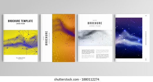 Realistic vector layouts of cover mockup templates in A4 for brochure, cover design, flyer, book design, poster. Colorful wavy particle surface background for technology or science cyber space concept