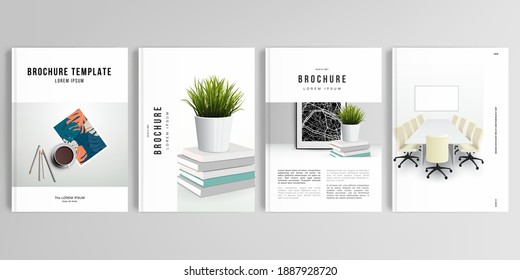 Realistic vector layouts of cover mockup design templates in A4 format for brochure, cover design, flyer, book design, magazine, poster. Home office concept, study or freelance, working from home.