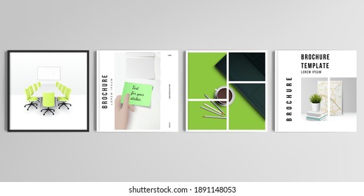 Realistic vector layouts of cover mockup design templates for square brochure, cover design, flyer, book design, magazine, poster. Home office concept, study or freelance, working from home.