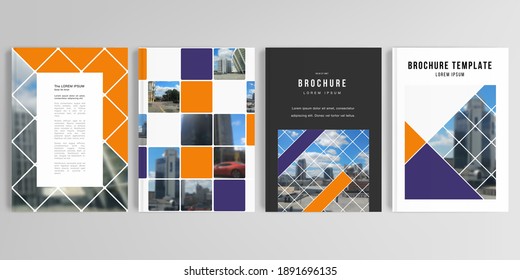 Realistic vector layouts of cover mockup templates in A4 for brochure, cover design, flyer, book design, magazine, poster. Abstract design project in geometric style with squares and place for a photo