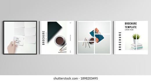 Realistic vector layouts of cover mockup design templates for square brochure, cover design, flyer, book design, magazine, poster. Home office concept, study or freelance, working from home.