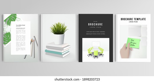 Realistic vector layouts of cover mockup design templates in A4 format for brochure, cover design, flyer, book design, magazine, poster. Home office concept, study or freelance, working from home.