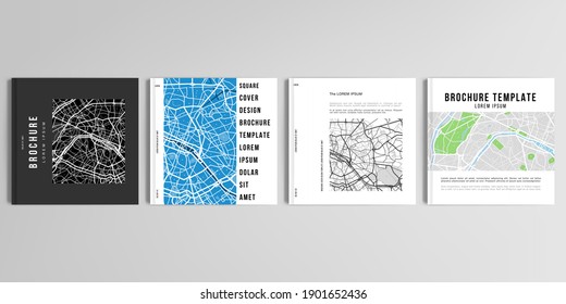 Realistic vector layouts of cover mockup design templates with urban city map of Paris for square brochure, cover design, flyer, book design, magazine, poster.