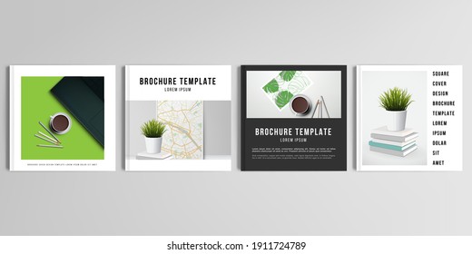 Realistic vector layouts of cover mockup design templates for square brochure, cover design, flyer, book design, magazine, poster. Home office concept, study or freelance, working from home.