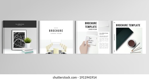 Realistic vector layouts of cover mockup design templates for square brochure, cover design, flyer, book design, magazine, poster. Home office concept, study or freelance, working from home.