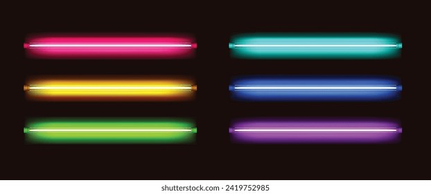 Realistic vector led neon tube light pack isolated on dark background. Vector illustration. Rainbow colors. Red, yellow, green, blue, navy, pink, violet, purple.