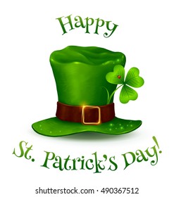 Realistic vector Leprechaun's green hat with Happy St. Patrick's Day sign.