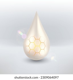 Realistic vector light drop of cream with hexagon texture. Skin care cream with honey. Sunscreen, cosmetics and cleaning products concept. Vector 3D illustration.