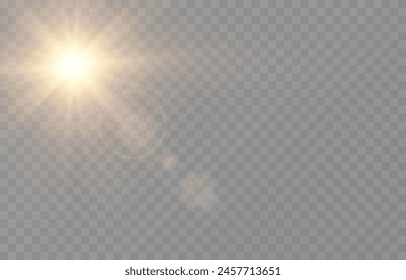 Realistic vector light on isolated transparent background. Light with glare png. Dawn, sunset, sun png. Flash of light, light effect.