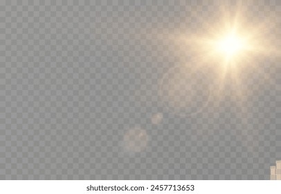 Realistic vector light on isolated transparent background. Light with glare png. Dawn, sunset, sun png. Flash of light, light effect.