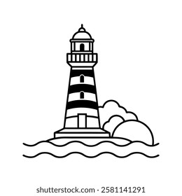 realistic vector lighthouse icon DESIGN. coastal lighthouse on rocky cliff. detailed lighthouse with ocean waves and seagulls.